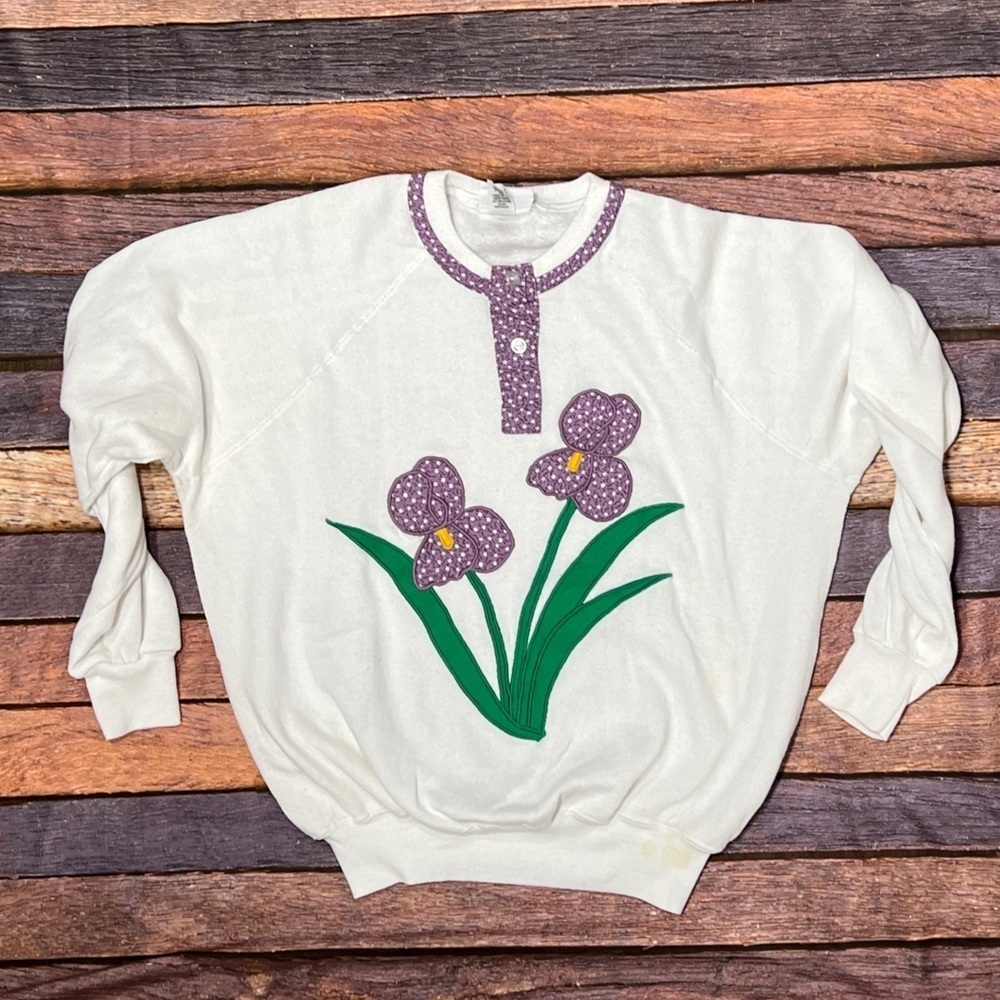 Vintage 1980s Floral Flower Crewneck Pullover Jumper 80s Sweatshirt